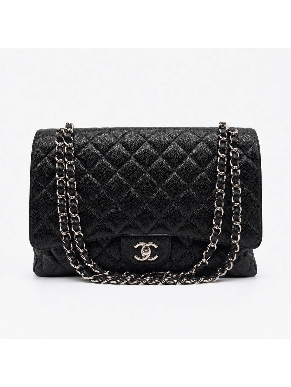 Chanel Maxi Classic Double Flap in black silver-tone hardware | Vintage
